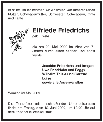 Traueranzeige von Elfriede Friedrichs von ALLGEMEINE ZEITUNG UELZEN