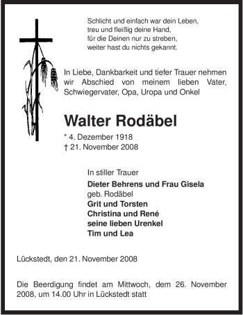 Traueranzeige von Walter Rodäbel von ALLGEMEINE ZEITUNG UELZEN