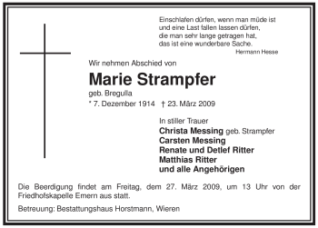 Traueranzeige von Marie Strampfer von ALLGEMEINE ZEITUNG UELZEN