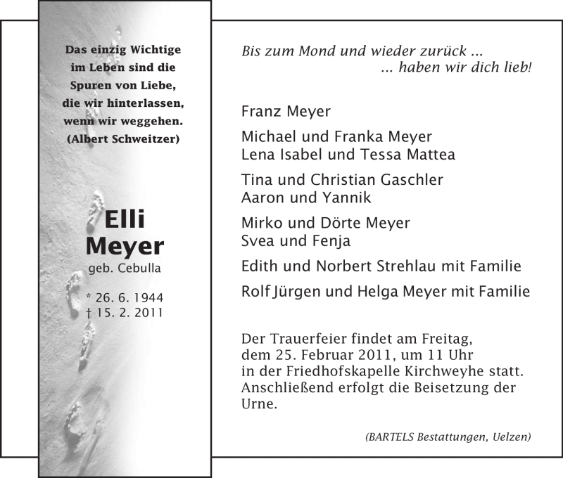  Traueranzeige für Elli Meyer vom 19.02.2011 aus ALLGEMEINE ZEITUNG UELZEN