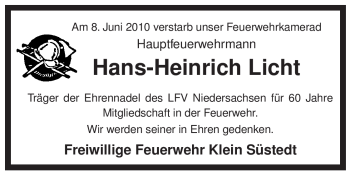 Traueranzeige von Hans-Heinrich Licht von ALLGEMEINE ZEITUNG UELZEN