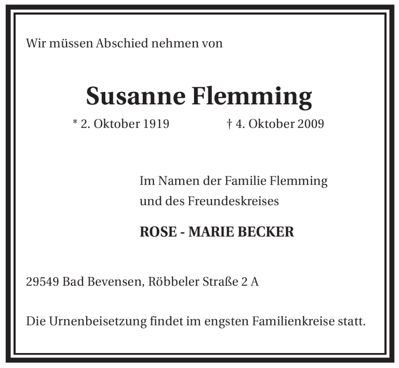 Traueranzeige für Susanne Flemming vom 08.10.2009 aus ALLGEMEINE ZEITUNG UELZEN