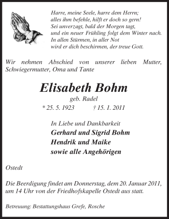 Traueranzeige von Elisabeth Bohm von ALLGEMEINE ZEITUNG UELZEN