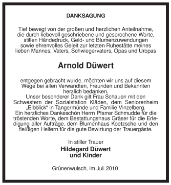 Traueranzeige von Arnold Düwert von ALLGEMEINE ZEITUNG UELZEN