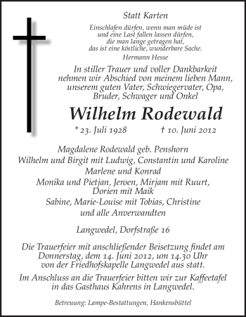 Traueranzeige von Wilhelm Rodewald von ALLGEMEINE ZEITUNG UELZEN