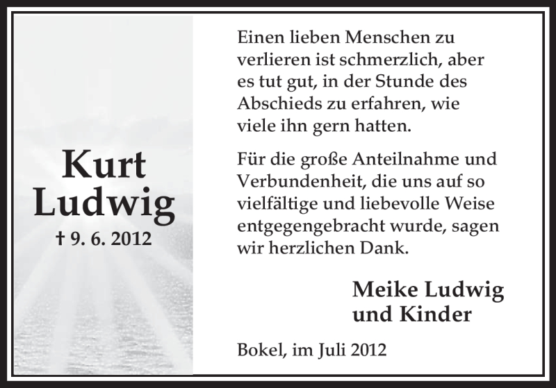  Traueranzeige für Kurt Ludwig vom 07.07.2012 aus ALLGEMEINE ZEITUNG UELZEN