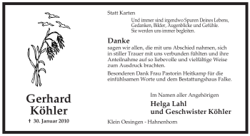 Traueranzeige von Gerhard Köhler von ALLGEMEINE ZEITUNG UELZEN