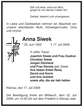 Traueranzeige von Anna Siwek von ALLGEMEINE ZEITUNG UELZEN