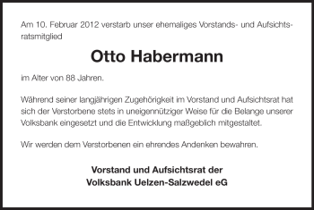 Traueranzeige von Otto Habermann von ALLGEMEINE ZEITUNG UELZEN
