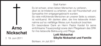 Traueranzeige von Arno Nickschat von ALLGEMEINE ZEITUNG UELZEN