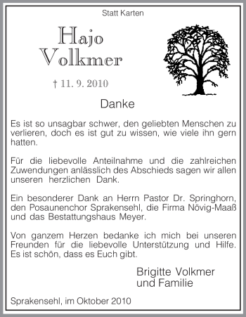 Traueranzeige von Hajo Volkmer von ALLGEMEINE ZEITUNG UELZEN