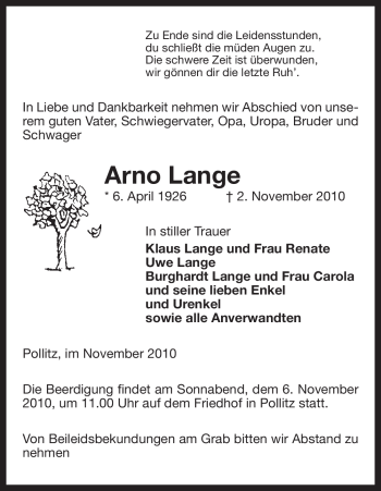 Traueranzeige von Arno Lange von ALLGEMEINE ZEITUNG UELZEN