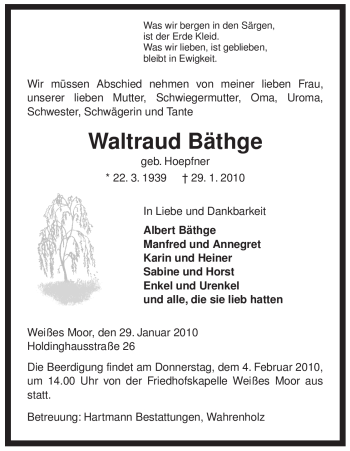 Traueranzeige von Waltraud Bäthge von ALLGEMEINE ZEITUNG UELZEN