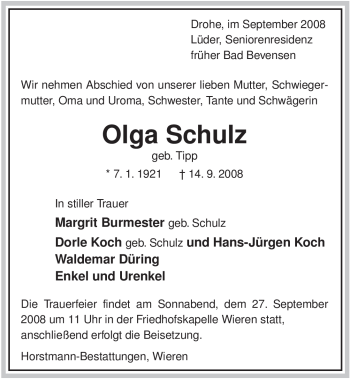 Traueranzeige von Olga Schulz von ALLGEMEINE ZEITUNG UELZEN