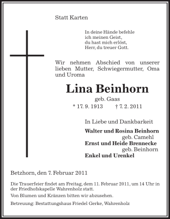 Traueranzeige von Lina Beinhorn von ALLGEMEINE ZEITUNG UELZEN