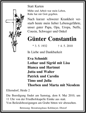 Traueranzeige von Günter Constantin von ALLGEMEINE ZEITUNG UELZEN