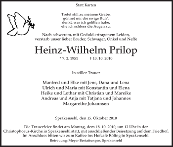 Traueranzeige von Heinz-Wilhelm Prilop von ALLGEMEINE ZEITUNG UELZEN