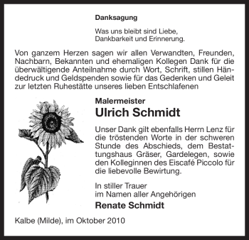 Traueranzeige von Ulrich Schmidt von ALLGEMEINE ZEITUNG UELZEN