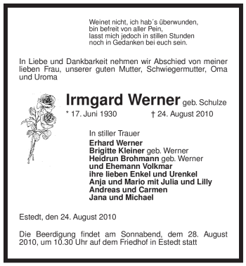 Traueranzeige von Irmgard Werner von ALLGEMEINE ZEITUNG UELZEN