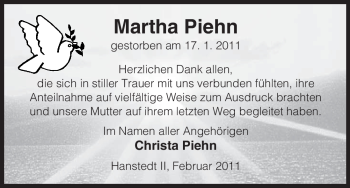 Traueranzeige von Martha Piehn von ALLGEMEINE ZEITUNG UELZEN