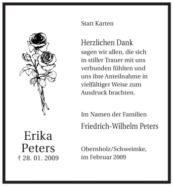 Traueranzeige von Erika Peters von ALLGEMEINE ZEITUNG UELZEN