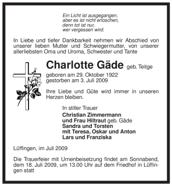 Traueranzeige von Charlotte Gäde von ALLGEMEINE ZEITUNG UELZEN