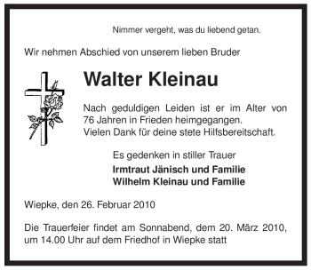 Traueranzeige von Walter Kleinau von ALLGEMEINE ZEITUNG UELZEN