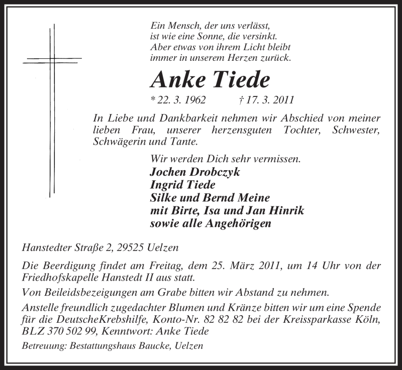 Traueranzeige für Anke Tiede vom 22.03.2011 aus ALLGEMEINE ZEITUNG UELZEN