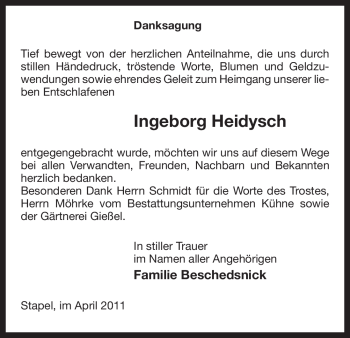 Traueranzeige von Ingeborg Heidysch von ALLGEMEINE ZEITUNG UELZEN