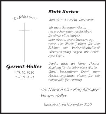 Traueranzeige von Gernot Holler von ALLGEMEINE ZEITUNG UELZEN