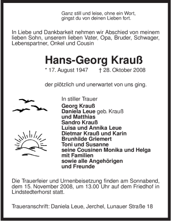 Traueranzeige von Hans-Georg Krauß von ALLGEMEINE ZEITUNG UELZEN