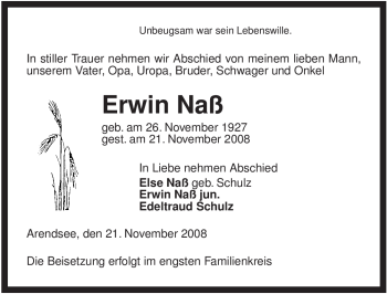 Traueranzeige von Erwin Naß von ALLGEMEINE ZEITUNG UELZEN