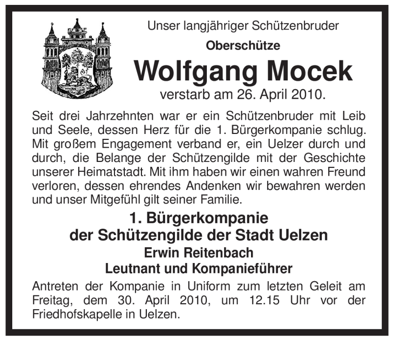  Traueranzeige für Wolfgang Mocek vom 29.04.2010 aus ALLGEMEINE ZEITUNG UELZEN