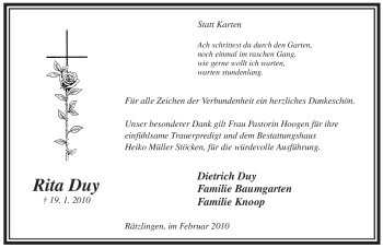 Traueranzeige von Rita Duy von ALLGEMEINE ZEITUNG UELZEN