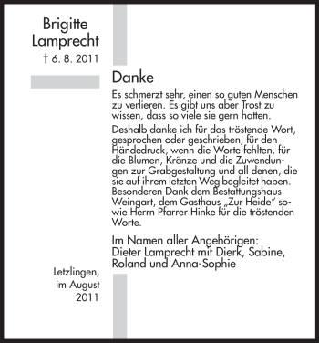 Traueranzeige von Brigitte Lamprecht von ALLGEMEINE ZEITUNG UELZEN