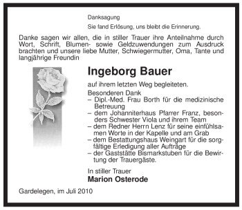 Traueranzeige von Ingeborg Bauer von ALLGEMEINE ZEITUNG UELZEN