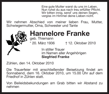 Traueranzeige von Hannelore Franke von ALLGEMEINE ZEITUNG UELZEN