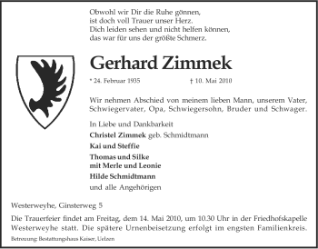 Traueranzeige von Gerhard Zimmek von ALLGEMEINE ZEITUNG UELZEN