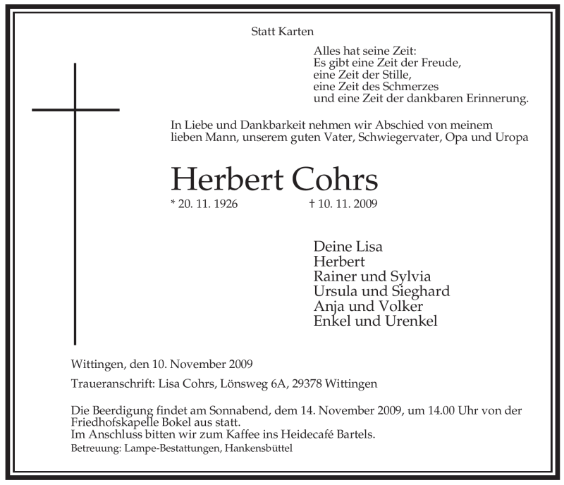  Traueranzeige für Herbert Cohrs vom 12.11.2009 aus ALLGEMEINE ZEITUNG UELZEN