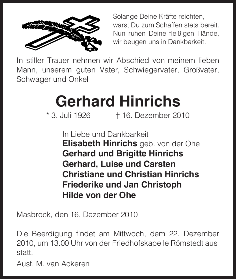  Traueranzeige für Gerhard Hinrichs vom 18.12.2010 aus ALLGEMEINE ZEITUNG UELZEN