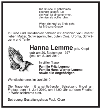 Traueranzeige von Hanna Lemme von ALLGEMEINE ZEITUNG UELZEN