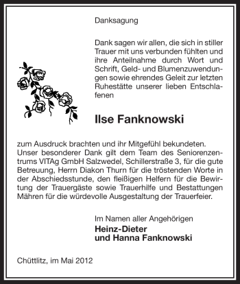 Traueranzeige von Ilse Fanknowski von ALLGEMEINE ZEITUNG UELZEN