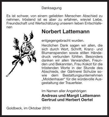 Traueranzeige von Norbert Lattemann von ALLGEMEINE ZEITUNG UELZEN