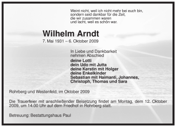 Traueranzeige von Wilhelm Arndt von ALLGEMEINE ZEITUNG UELZEN