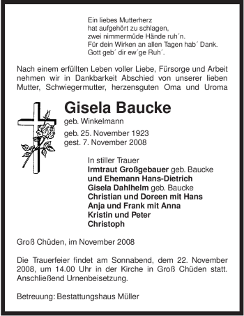 Traueranzeige von Gisela Baucke von ALLGEMEINE ZEITUNG UELZEN