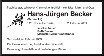 Traueranzeige von Hans-Jürgen Becker von ALLGEMEINE ZEITUNG UELZEN