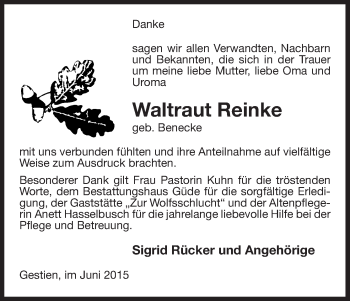 Traueranzeige von Waltraud Reinke von Uelzen