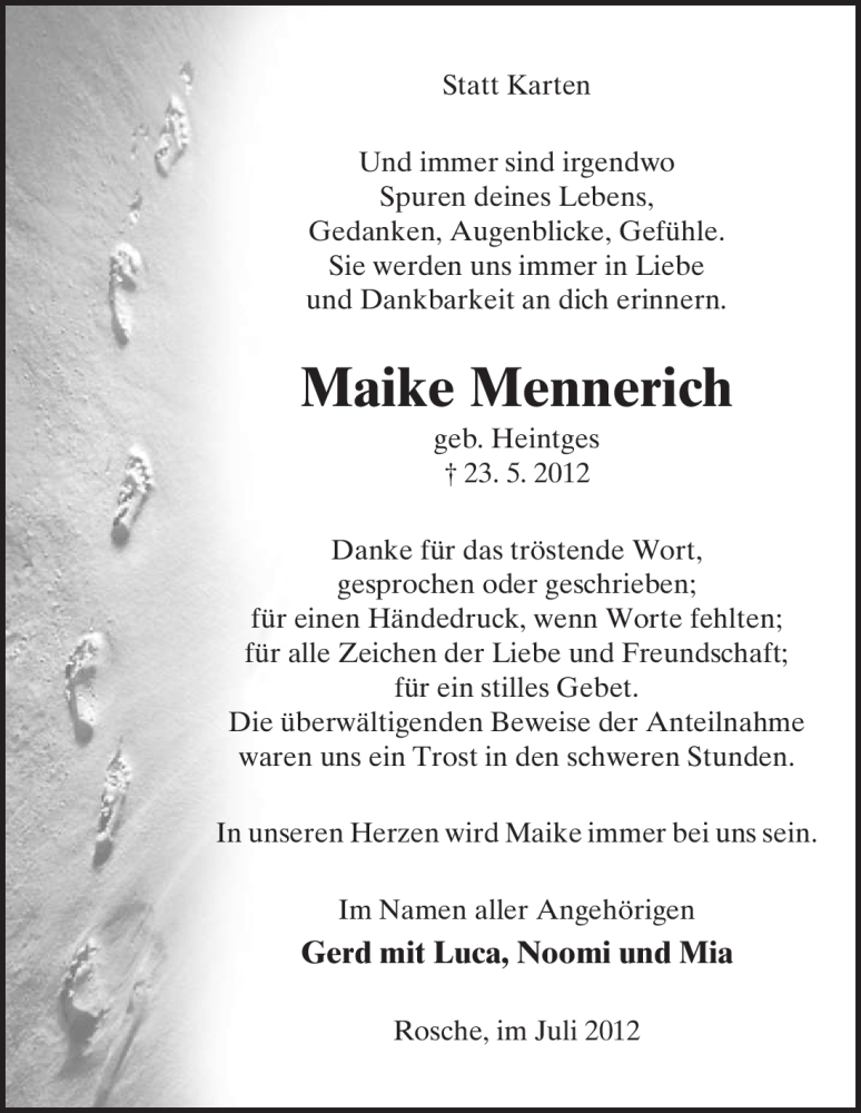  Traueranzeige für Maike Mennerich vom 07.07.2012 aus ALLGEMEINE ZEITUNG UELZEN