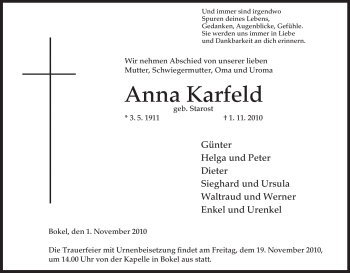 Traueranzeige von Anna Karfeld von ALLGEMEINE ZEITUNG UELZEN