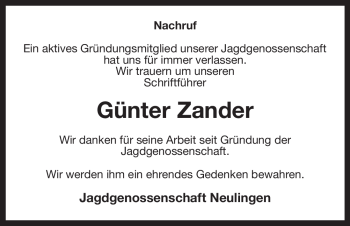 Traueranzeige von Günter Zander von ALLGEMEINE ZEITUNG UELZEN